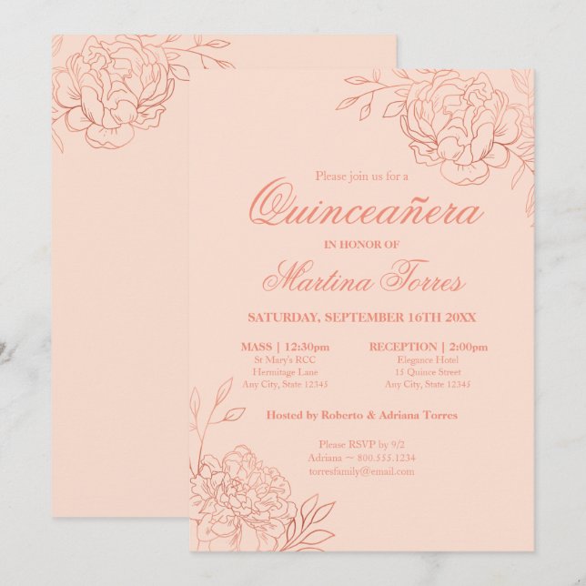 Invitation Elégant croquis or rose floral Quinceanera (Devant / Derrière)