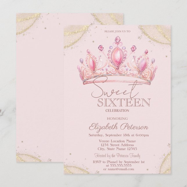 Invitation Elegant Crown Gold Glitter Corners Sweet 16   (Devant / Derrière)