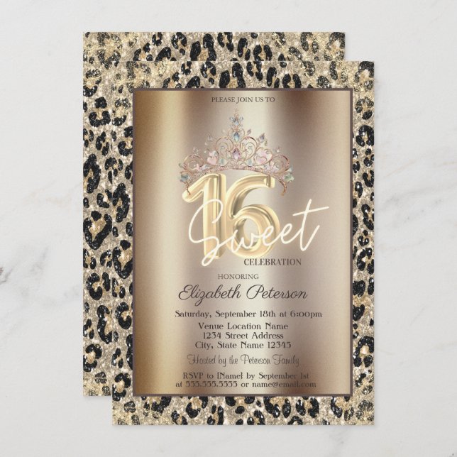 Invitation Elegant Crown Leopard Print Sweet 16   (Devant / Derrière)
