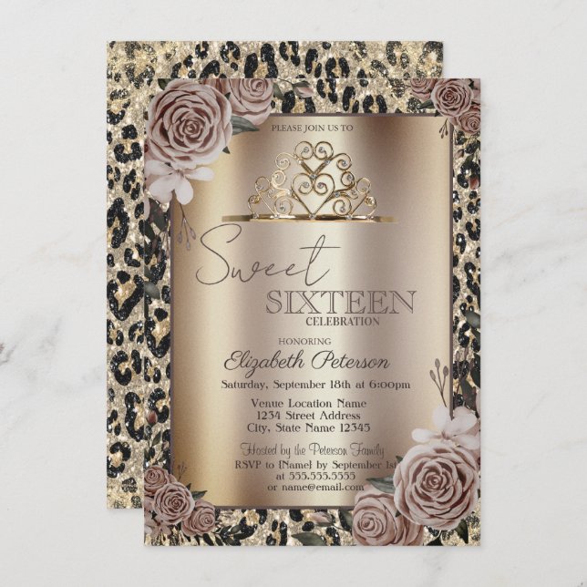 Invitation Elegant Crown Roses Leopard Print Sweet 16   (Devant / Derrière)