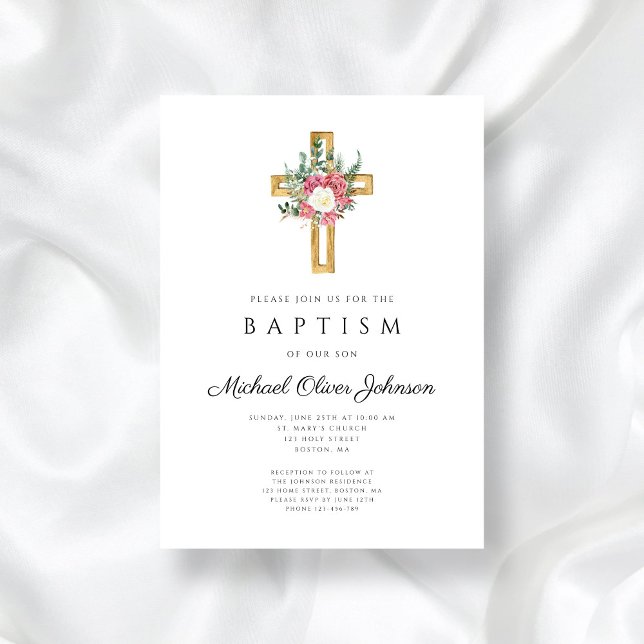 Invitation Élégant culte croisé rose floral Baptême (Elegant Religious Cross Pink Floral Baptism Invitation)