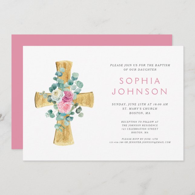 Invitation Élégant culte Croix Florale Fille Baptême (Devant / Derrière)
