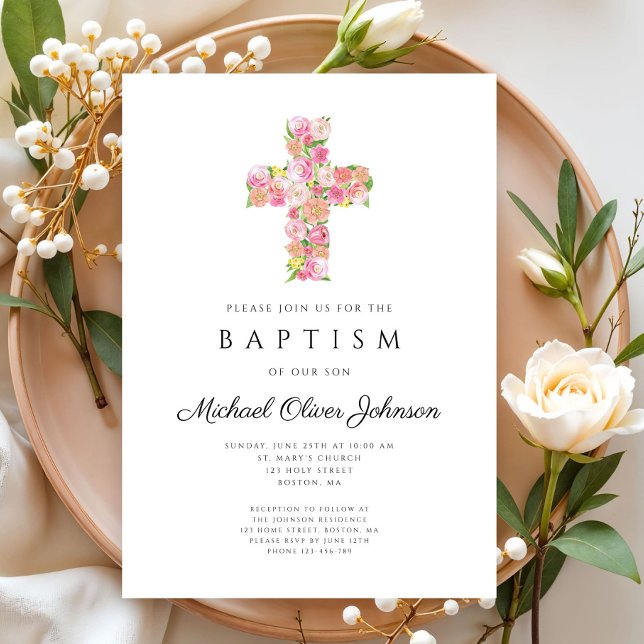 Invitation Élégant culte floral rose croix Baptême (Elegant Religious Floral Pink Cross Baptism Invitation)