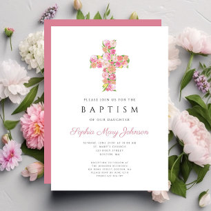 Invitation Élégant culte rose floral croix Baptême