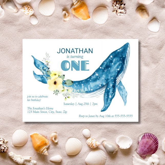 Invitation Elégant Cute Blue Whale Jaune Floral 1er anniversa (Créateur téléchargé)
