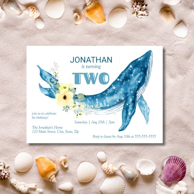 Invitation Elégant Cute Blue Whale Jaune Floral 2e anniversai (Créateur téléchargé)