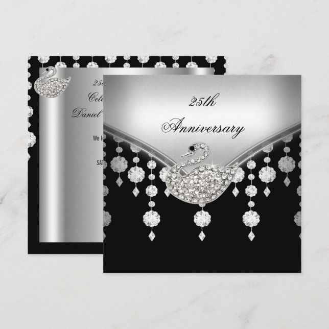 Invitation Élégant Cygne Noir et Blanc Argenté pour 25e Anniv (Devant / Derrière)