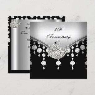 Invitation Élégant Cygne Noir et Blanc Argenté pour le 25e An