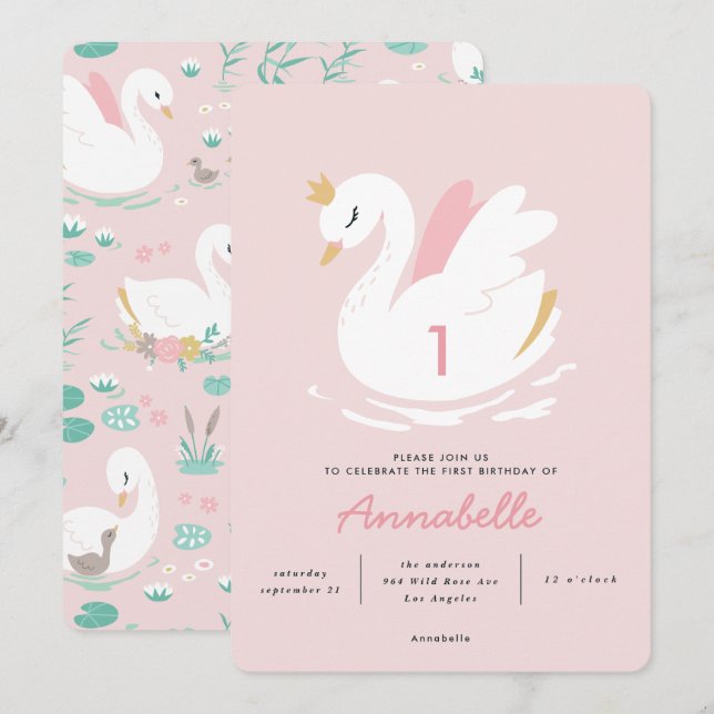 Invitation élégant cygne rose girly pour enfants  (Devant / Derrière)