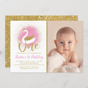Invitation Elégant cygne rose or princesse 1er anniversaire P