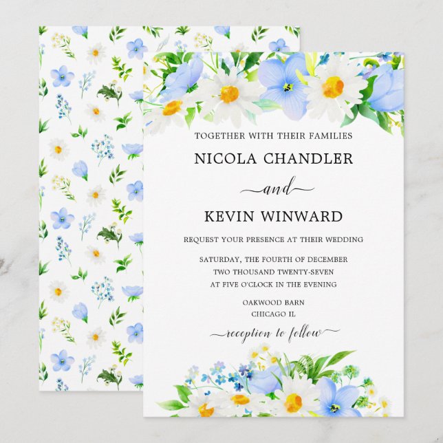 Invitation Elegant Daisy and Forget Me Not Wedding (Devant / Derrière)