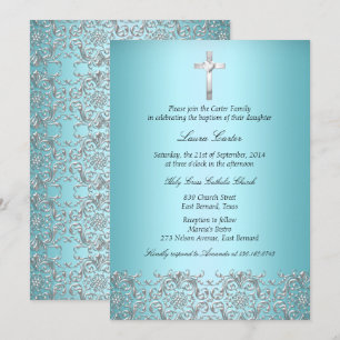 Invitation Élégant Damas & Baptême/Christening Turquoise croi