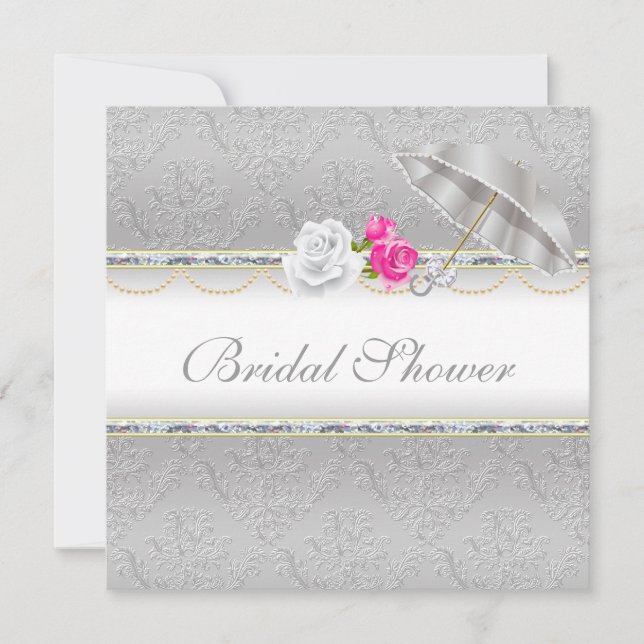 Invitation Elégant Damas d'argent et Fête des mariées rose ro (Devant)