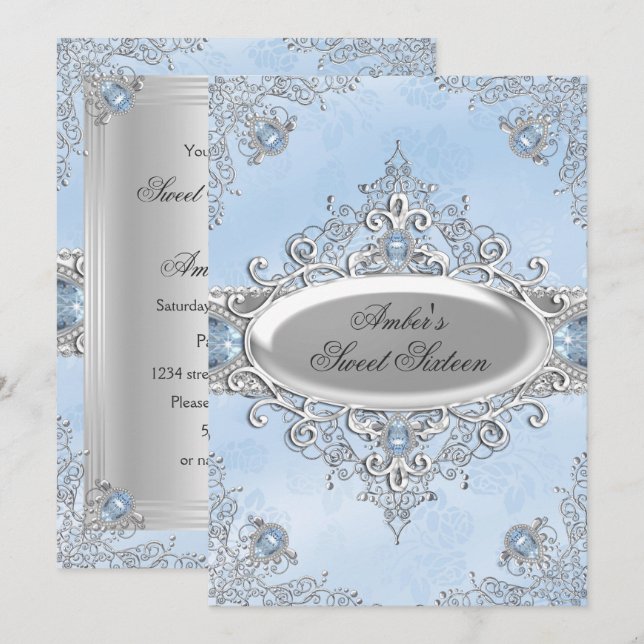 Invitation Elégant Damas d'argent et Sweet sixteen de bijoux  (Devant / Derrière)