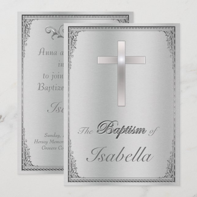 Invitation Elégant damas en argent et croix en argent Baptême (Devant / Derrière)