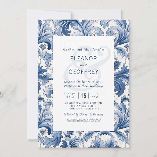 Invitation Élégant damas gravé bleu et blanc traditionnel (Devant)