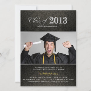 Invitation Élégant Damas noir et gris avec diplôme en argent