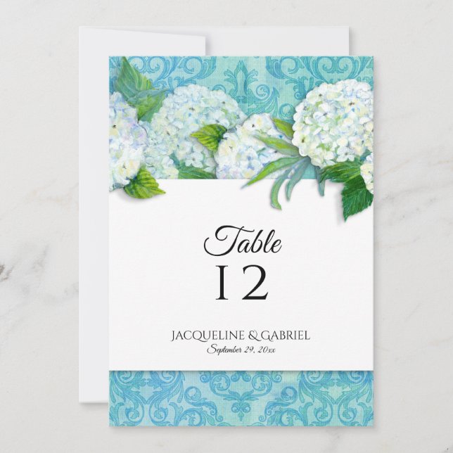 Invitation Elégant Damask Blue White Hydrangea Numéro de tabl (Devant)