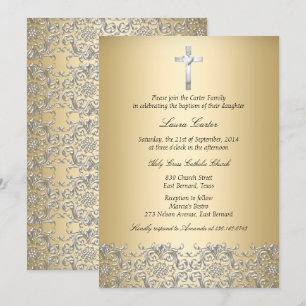 Invitation Élégant Damask Cross Gold Baptism/Christening