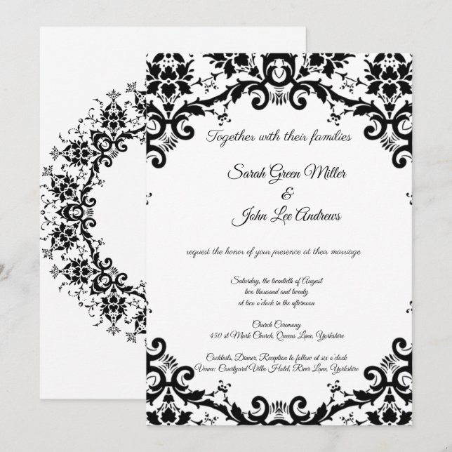 Invitation Elégant Damask Floral Black & White Mariage (Devant / Derrière)