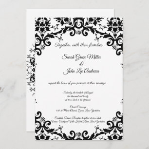 Invitation Elégant Damask Floral Black & White Mariage