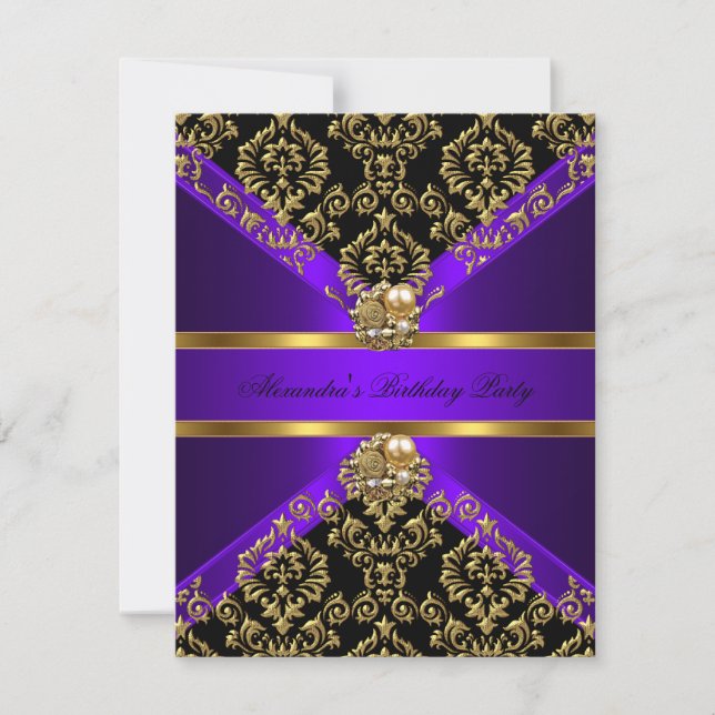 Invitation Elégant Damask Purple Gold Black Anniversaire (Devant)