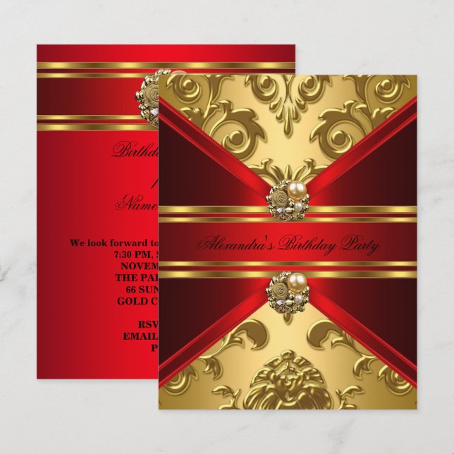 Invitation Elégant Damask Regal Red Gold Floral Anniversaire (Devant / Derrière)