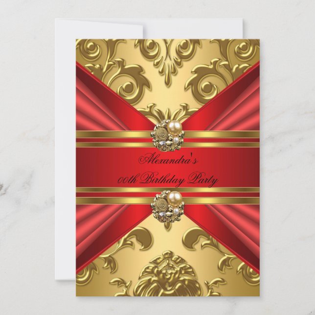 Invitation Elégant Damask Regal Red Gold Floral Anniversaire  (Devant)