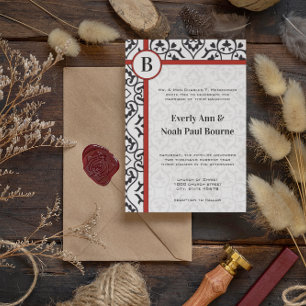 Invitation Elégant Damask Side Borders Red Trim Mariage