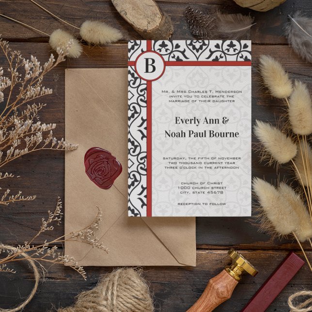 Invitation Elégant Damask Side Borders Red Trim Mariage (Créateur téléchargé)