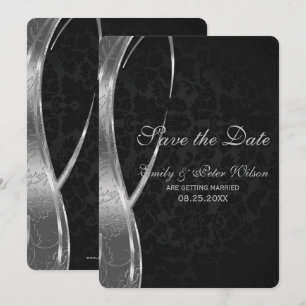 Invitation Élégant Damassé Noir Et Argent-Sauvegarder La Date