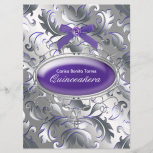 Invitation Élégant Damassé Violet Argenté Quinceanera Violet