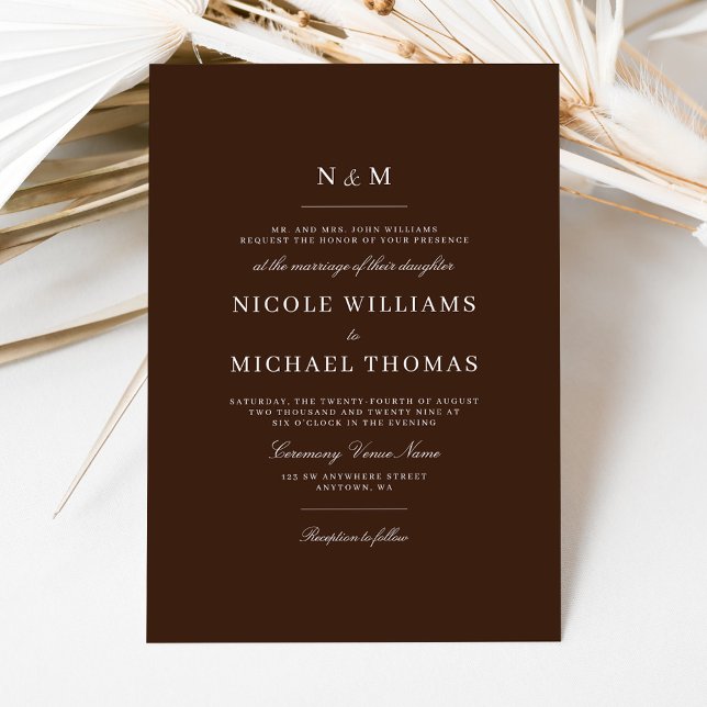 Invitation Elegant Dark Brown Monogram Classic Wedding (Créateur téléchargé)