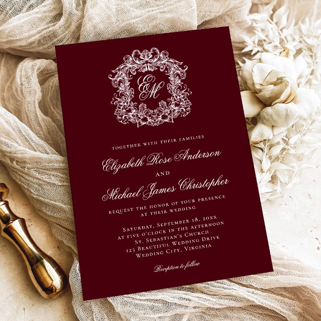 Invitation Elegant Dark Burgundy Monogram Crest Wedding (Créateur téléchargé)