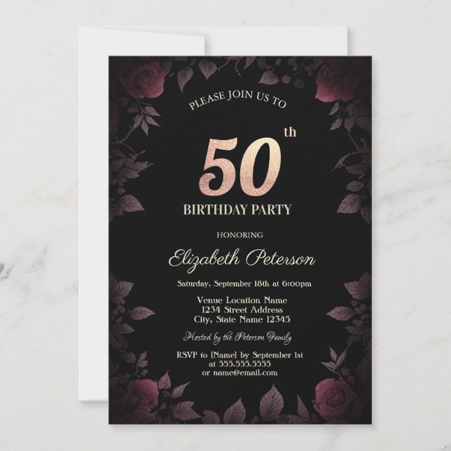 Invitation Elégant Dark Burgundy Rose Black 50e anniversaire (Devant)