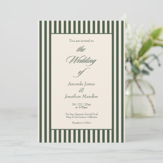 Invitation Elegant Dark Green Cream Vertical Stripes Wedding