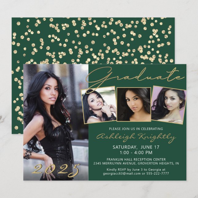 Invitation Élégant Dark Green Gold Script 4 Photo Gradué (Devant / Derrière)