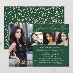 Invitation Élégant Dark Green Gold Script 4 Photo Gradué