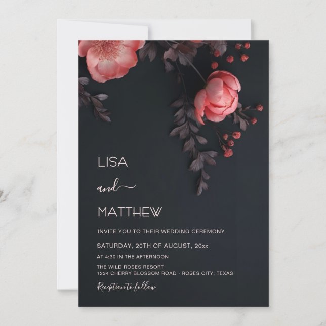Invitation Elegant Dark Moody 3D Roses Wedding (Devant)