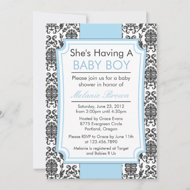 Invitation élégant de baby shower de damassé (Devant)