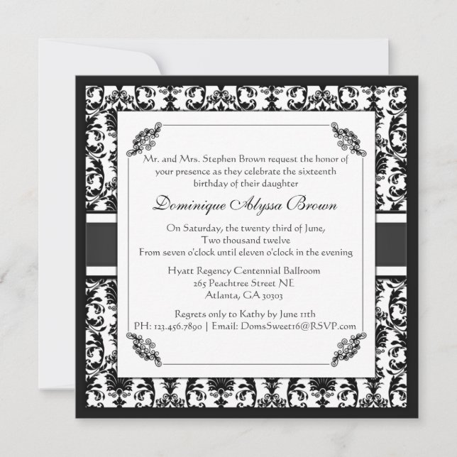 Invitation élégant de remous de damassé [noir et (Devant)