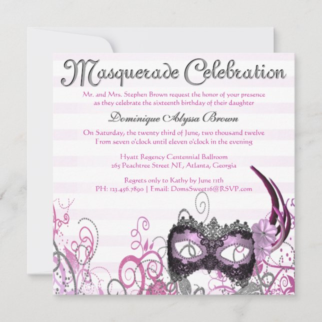 Invitation élégant de remous de mascarade [rose] (Devant)