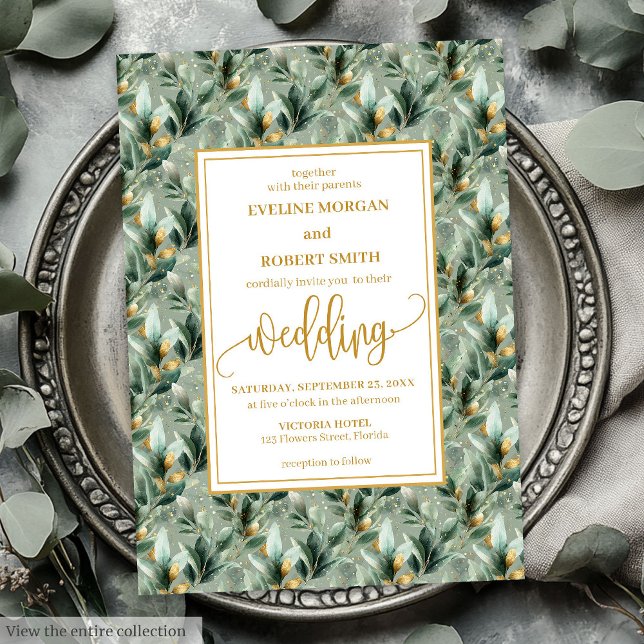 Invitation Elégant Deep Green Gold Eucalyptus Mariage Invite (Elegant Deep Green Gold Eucalyptus Wedding Invitation)
