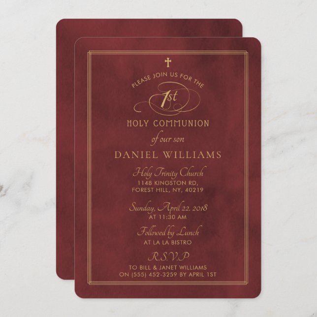 Invitation Élégant Deep Red & Gold Script 1ère Sainte Communi (Devant / Derrière)