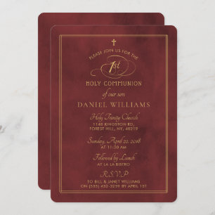 Invitation Élégant Deep Red & Gold Script 1ère Sainte Communi