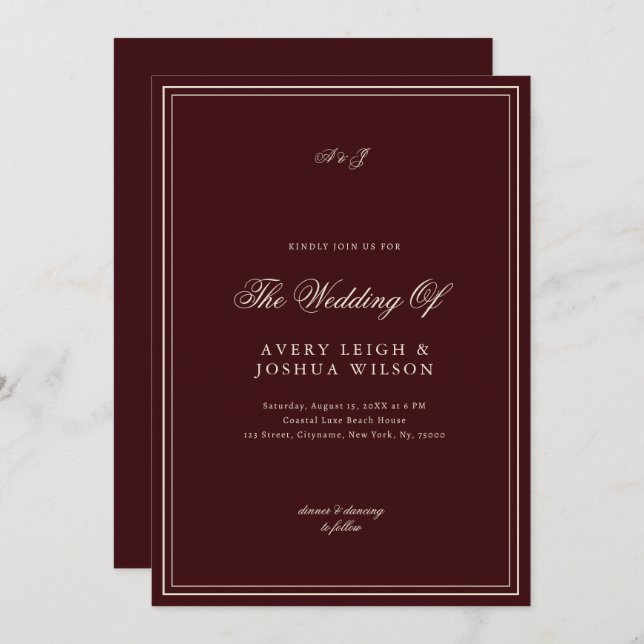 Invitation Elegant Deep Red Monogram Old Money Wedding (Devant / Derrière)