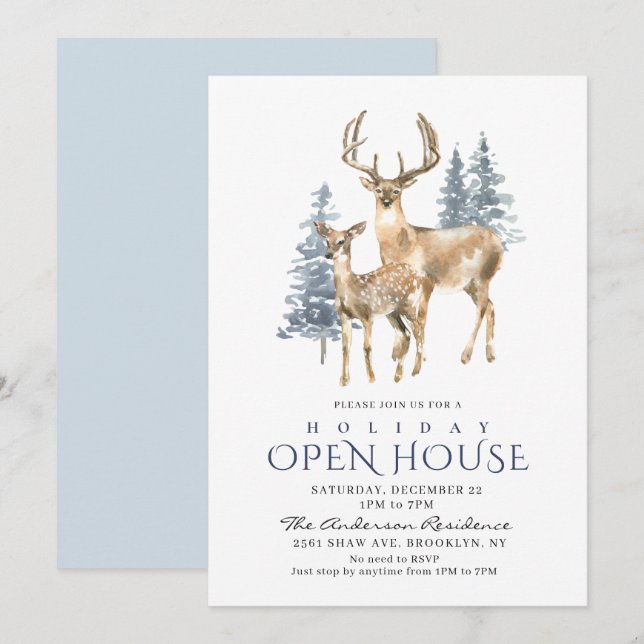 Invitation Élégant Deer Christmas Tree Holiday Maison ouverte (Devant / Derrière)