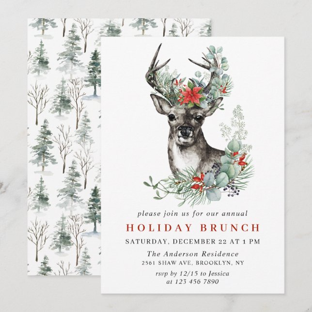 Invitation Élégant Deer Poinsettia CHRISTMAS VACANCES BRUNCH (Devant / Derrière)
