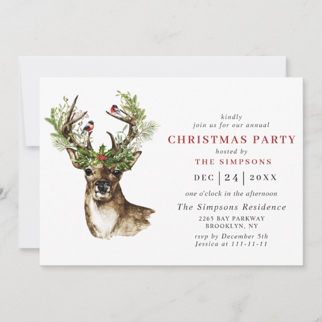 Invitation Élégant Deer Poinsettia FÊTE DE Noël (Devant)