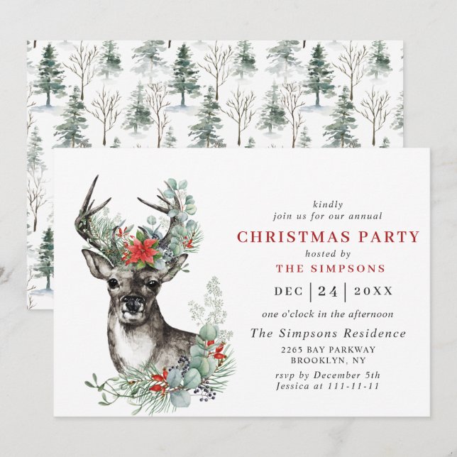 Invitation Élégant Deer Poinsettia FÊTE DE Noël (Devant / Derrière)